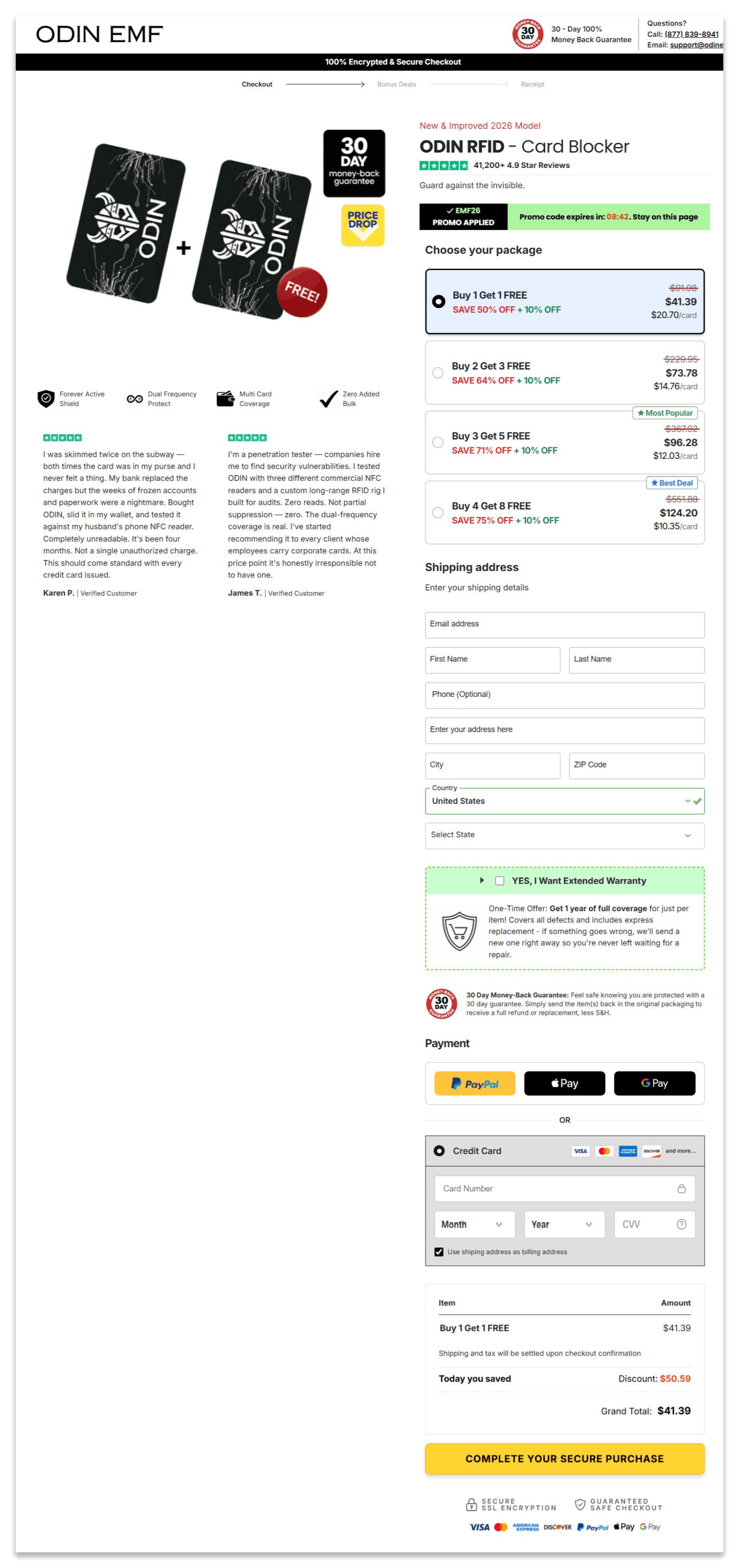 ODIN EMF RFID Card secure checkout page